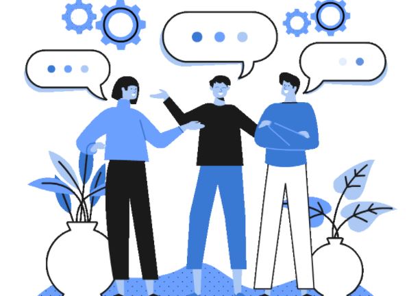 Trois personnes en pleine discussion