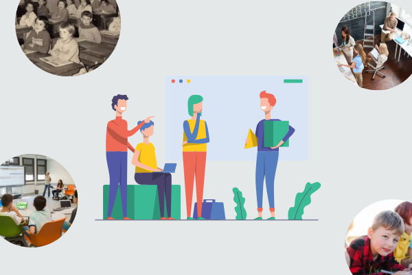 s personnes discutant de différents espaces d'apprentissage : la salle autobus, la salle modulaire, le fablab, l'école dehors