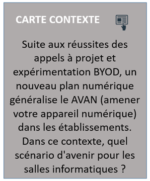 carte contexte : "suite aux réussites des appels à projet et expérimentation BYOD, un nouveau plan généralise le AVAN (amener votre appareil numérique) dans les établissements. Dans ce contexte quel scénario d'avenir pour les salles informatiques ?"