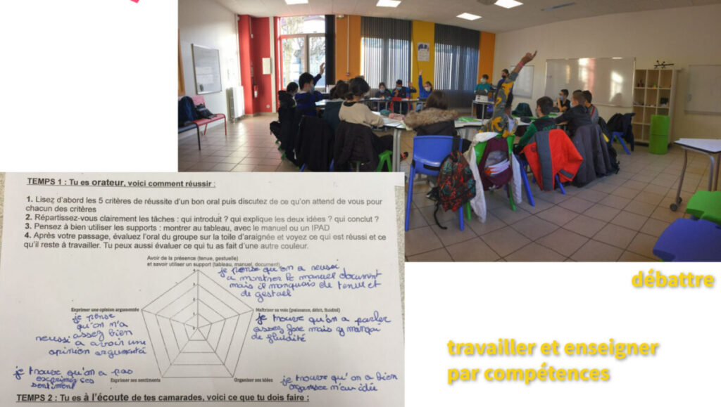 travail collaboratif dans une salle lab pour travailler par compétences (ici : débattre)