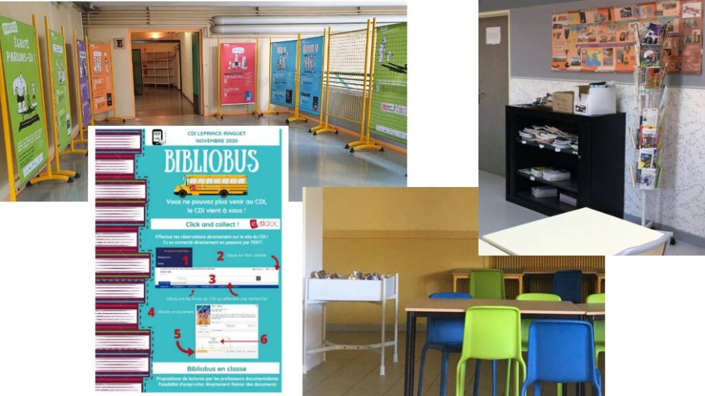 photo d'espaces interstitiels aménagés avec une exposition et un bibliobus