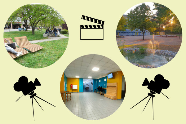 photo montage composé d'une illustration pour chaque lycée, de deux caméras et d'un clap de cinéma